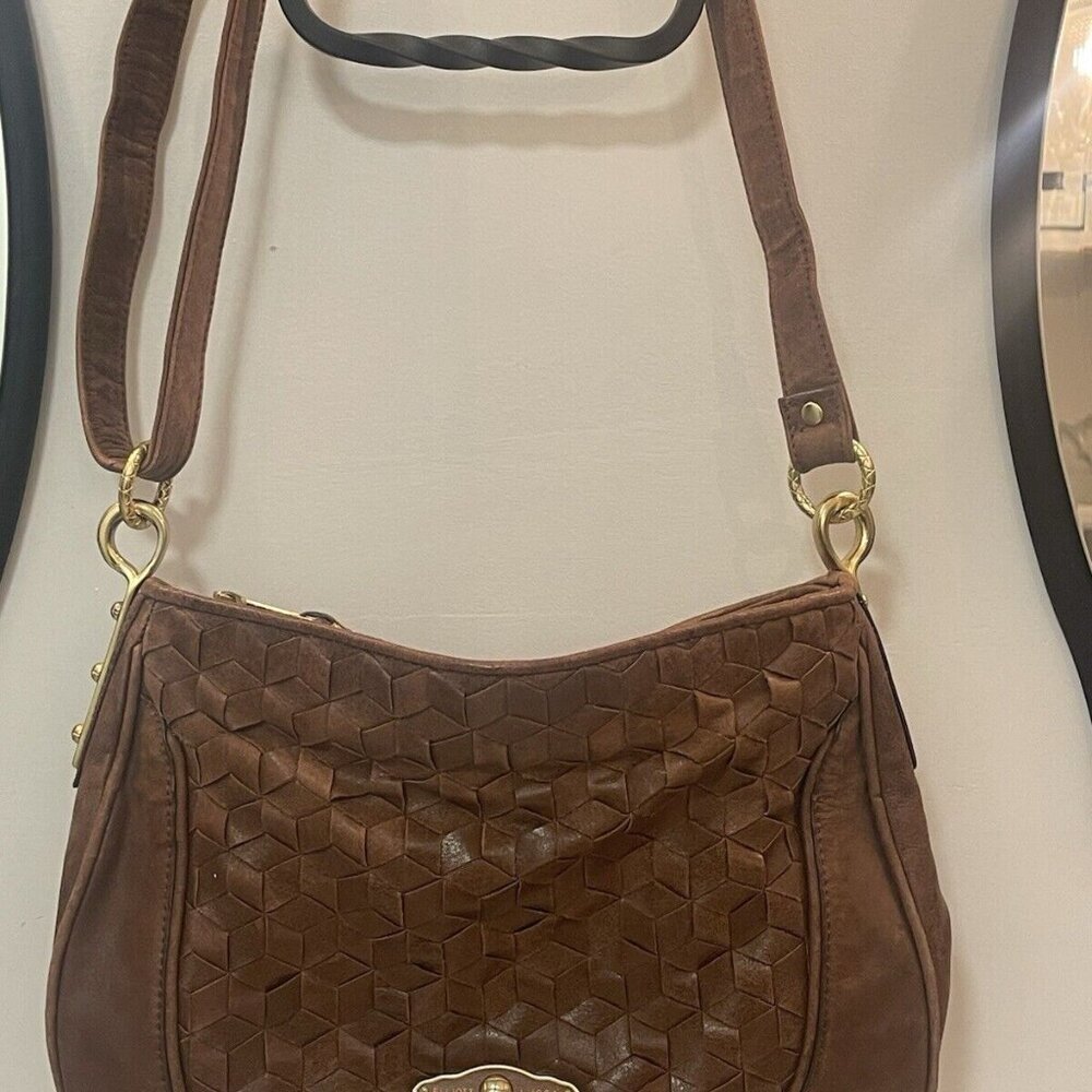 Elliott Lucca Brown Woven Leather Crossbody Bag Gold Chain Metal Strap Classic